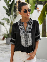 Womens Casual V Neck Shirt Embroidered Print Short/Long Sleeve Tops Loose Blouse