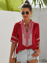 Womens Casual V Neck Shirt Embroidered Print Short/Long Sleeve Tops Loose Blouse