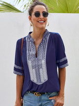 Womens Casual V Neck Shirt Embroidered Print Short/Long Sleeve Tops Loose Blouse