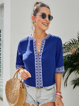 Womens Casual V Neck Shirt  Embroidered Print Blouse