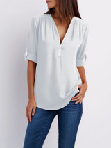 V Neck Zipper Patchwork Plain Blouse