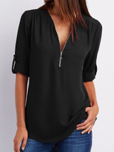 V Neck Zipper Patchwork Plain Blouse