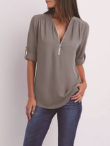 V Neck Zipper Patchwork Plain Blouse