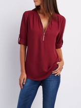 V Neck Zipper Patchwork Plain Blouse