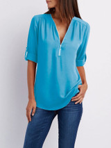 V Neck Zipper Patchwork Plain Blouse