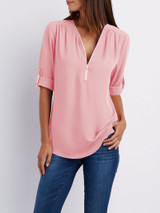 V Neck Zipper Patchwork Plain Blouse