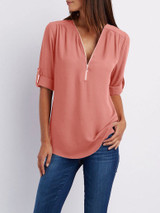 V Neck Zipper Patchwork Plain Blouse