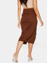 Chocolate Woven Ruched Detail Midi Skirt