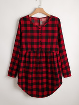 Plus Buffalo Plaid Button Curved Hem Smock Dress