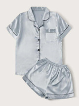 Contrast Binding Pocket Front Satin PJ Set