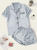 Contrast Binding Pocket Front Satin PJ Set