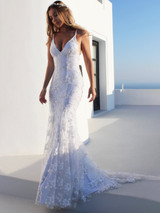 Mermaid Spaghetti Straps Lace Beach Wedding Dress