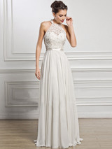 A-Line Scoop Neck Floor-Length Chiffon Lace Bridesmaid Dress With Split Front