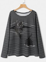 Black Cat Print Long Sleeve O-neck White Striped Plus Size T-shirt