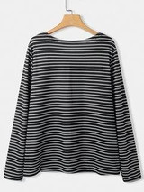 Black Cat Print Long Sleeve O-neck White Striped Plus Size T-shirt