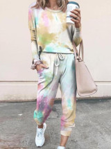 Tie Dye Print Top & Drawstring Pants Set