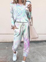 Woman Tie Dye Print Top & Drawstring Pants Set