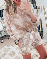 Tie Dye Print Casual Top & Drawstring Shorts Set