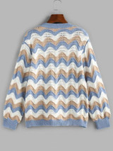 Wave Striped Pointelle Knit Drop Shoulder Sweater