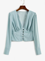 V Neck Button Loop Ruched Blouse