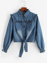 Tie Front Frilled Button Up Denim Jacket