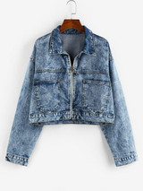 Pockets Zipper Drop Shoulder Denim Jacket