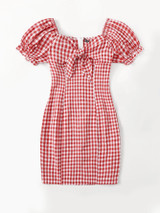 Off Shoulder Tie Front Gingham Dress