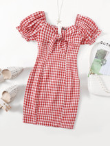 Off Shoulder Tie Front Gingham Dress