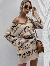 Lettering Graphic Distressed V Neck Sweater Dress