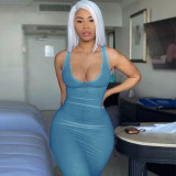 Knitted Stripe Women Sleeveless Midi Dress V Neck Bodycon