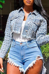 Rivet Denim Jackets Women Hole Boyfriend Style Long Sleeve Vintage Jean jacket