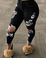 Plus Size S-4XL High Waist Tassel Hole Denim Pant for Women