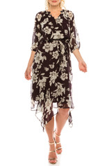 Maison Tara Dark Plum Multi Floral Printed Midi Faux Wrap Modest Dress