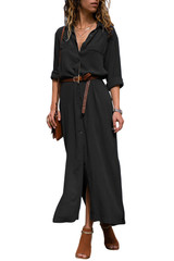 Modest Dresses: Casual Black Modest Maxi Shirt Dress with Sash