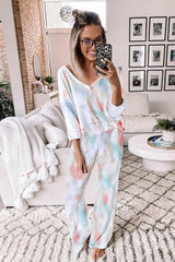 Pink Blue Deep V-neck Dropped Shoulder Tie-dye Modest Pajama Set