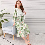 Contrast Lace Floral Print Ruffle Hem Satin Modest Nightgown