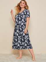 Plus Size V-neck Allover Floral Print Nightdress, Modest Nightgown