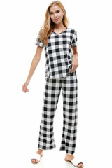 Plaid Loungewear Set for Women, Checker Print Modest Winter Pajamas