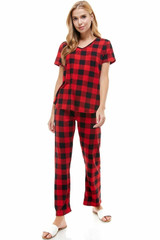 Plaid Loungewear Set for Women, Checker Print Modest Winter Pajamas