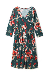 Green Floral 3/4 Sleeve Wrap Modest Midi Dress, Modest Dresses, Modest Christmas Dress