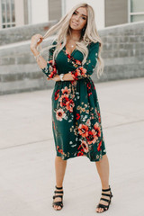 Green Floral 3/4 Sleeve Wrap Modest Midi Dress, Modest Dresses, Modest Christmas Dress