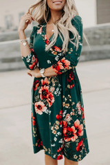 Green Floral 3/4 Sleeve Wrap Modest Midi Dress, Modest Dresses, Modest Christmas Dress