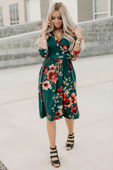Green Floral 3/4 Sleeve Wrap Modest Midi Dress, Modest Dresses, Modest Christmas Dress