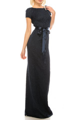 Adrianna Papell Navy Blue Jacquard Sheath Modest Evening Dress with Sequins