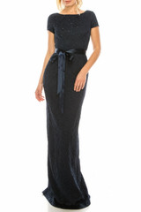 Adrianna Papell Navy Blue Jacquard Sheath Modest Evening Dress with Sequins