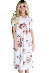 Modest Dresses: Short Sleeve Modest Midi Dress with Pockets White Floral Dress
