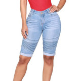 Women's Modest Denim Shorts, Bermuda Jean Shorts Knee Length Stretch Denim Long Shorts