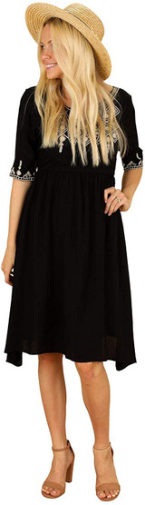 Abigail Modest Black Dress w/Ivory Embroidery, LDS Modest Dresses