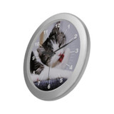 Cute Cat Wall Clock Tabby Cat Clock Round Silver Frame 9" Gifts For Cat Lover