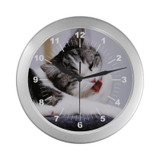 Cute Cat Wall Clock Tabby Cat Clock Round Silver Frame 9" Gifts For Cat Lover